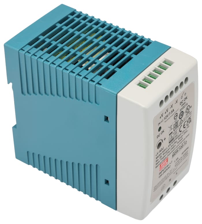 MEAN WELL MDR Switched Mode DIN Rail Power Supply 264V ac AC Input 15V dc, 7.5 A Output DC 100 W