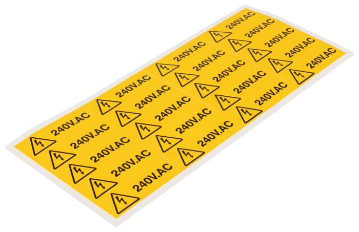 RS PRO Black, Yellow Vinyl Safety Label 240V AC Text 20 mm x 60mm