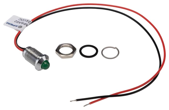 RS PRO Green Panel Mount Indicator, 24V dc, 20mA, Lead Wire Termination, IP67, Prominent