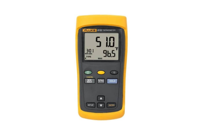 Fluke, Type T, K, Type J, Type E Probe Handheld 51 II Digital Thermometer, 1 Input(s), 1372 °C Max, ±0.3 K Accuracy