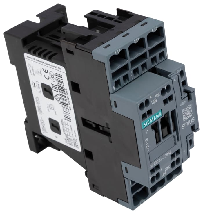 Siemens 3RT2 Contactor, 24V dc Coil, 3-Pole, 9 A, 4 kW 24V dc, 3 NO, 400V ac