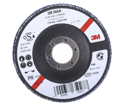 Product image for 3M 566A Zirconia Aluminium Flap Disc, 115mm, Medium Grade, P80 Grit, PN65026