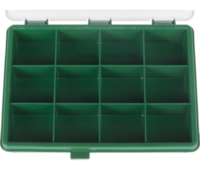 Product image for RS PRO 12 Cell Green PP Compartment Box, 32mm x 175mm x 143mm