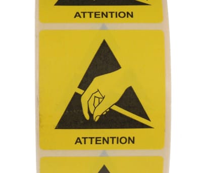 Product image for RS PRO Yellow Paper ESD Label, Attention-Text 50 mm x 50mm