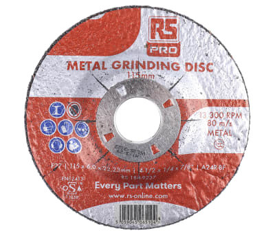 Product image for RS PRO Aluminium Oxide Cutting Disc, 115mm x 6mm Thick, P120 Grit, 5 in pack