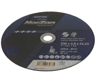 Product image for Norton Cutting Disc Aluminium Oxide Cutting Disc, 230mm x 2mm Thick, P60 Grit, 5 in pack, Norzon