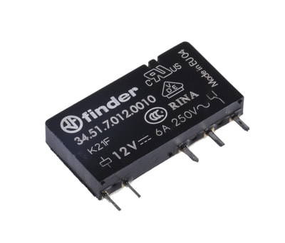 Product image for Finder, 12V dc Coil Non-Latching Relay SPDT, 6A Switching Current PCB Mount Single Pole