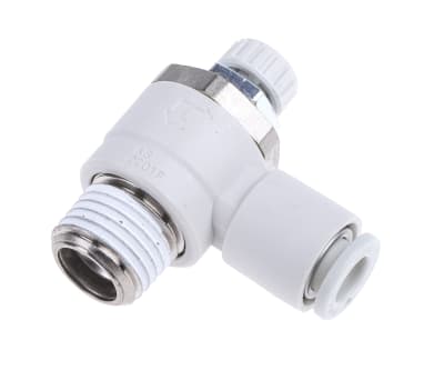 Product image for SMC AS Series Speed Controller, R 1/4 Male Inlet Port x R 1/4 Male Outlet Port x 6mm Tube Outlet Port