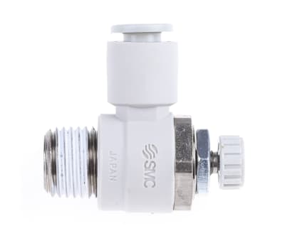 Product image for SMC AS Series Speed Controller, R 1/4 Male Inlet Port x R 1/4 Male Outlet Port x 6mm Tube Outlet Port