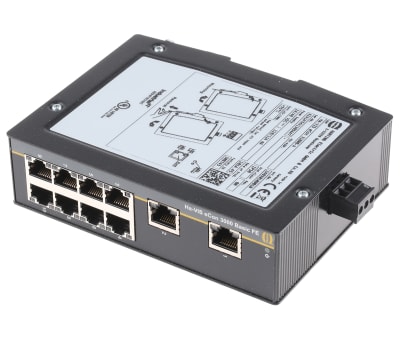 Product image for HARTING Ethernet Switch, 10 RJ45 port, 48V dc, 10 Mbit/s, 100 Mbit/s Transmission Speed, DIN Rail Mount