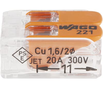 Wago 221-412 COMPACT splicing connector; 2-conductor; with operating  levers; transparent housing Box of 100