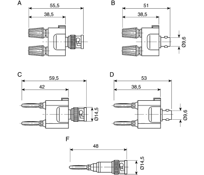 Product image for BNC (F) TO 2 X BANANA PLUG, 4 MM PIN DIA