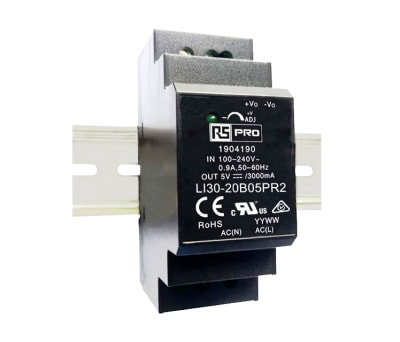 Product image for RS PRO DIN Rail Power Supply 120 → 370 V dc, 85 → 264 V ac Input Voltage, 5V Output Voltage, 3A Output