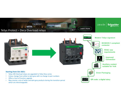 Product image for Schneider Electric Overload Relay - 1NO + 1NC, 7 → 10 A F.L.C, 10 A Contact Rating, 3P, TeSys