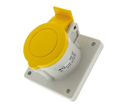 Product image for RS PRO IP44 Yellow Panel Mount 2P+E Industrial Power Socket, Rated At 16.0A, 110.0 V