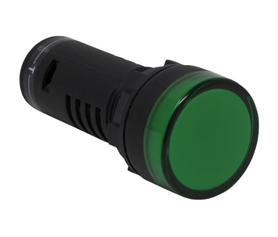 Product image for RS PRO, Panel Mount Green LED Pilot Light Complete With Test Circuit, 22mm Cutout, IP65, Round, 230 V ac