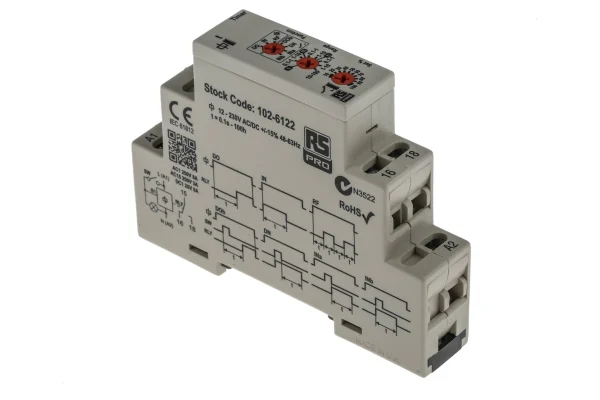 Product image for RS PRO SPDT Multi Function Timer Relay, 12 → 230V ac/dc, DIN Rail Mount
