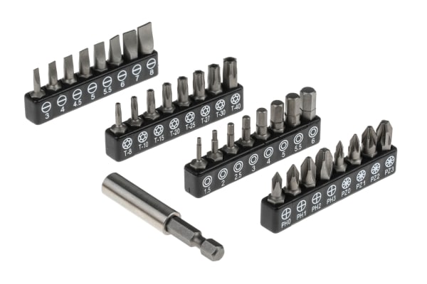 Product image for RS PRO Driver Bit Set 32 Pieces, Hexagon, Phillips, Slotted, Torx