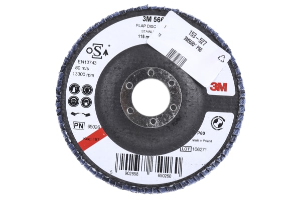 Product image for 3M 566A Zirconia Aluminium Flap Disc, 115mm, Medium Grade, P60 Grit, PN65026