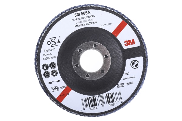 Product image for 3M 566A Zirconia Aluminium Flap Disc, 115mm, Medium Grade, P80 Grit, PN65026