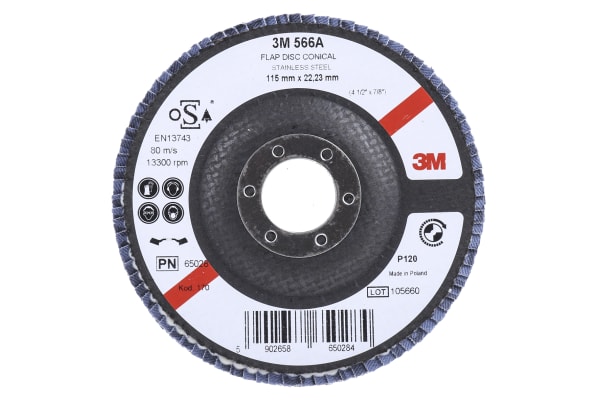 Product image for 3M 566A Zirconia Aluminium Flap Disc, 115mm, Fine Grade, P120 Grit, PN65026