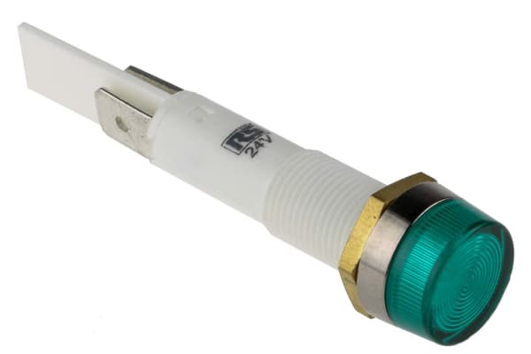 Product image for Arcolectric Green Incandescent Indicator, Tab Termination, 24 V, 10mm Mounting Hole Size