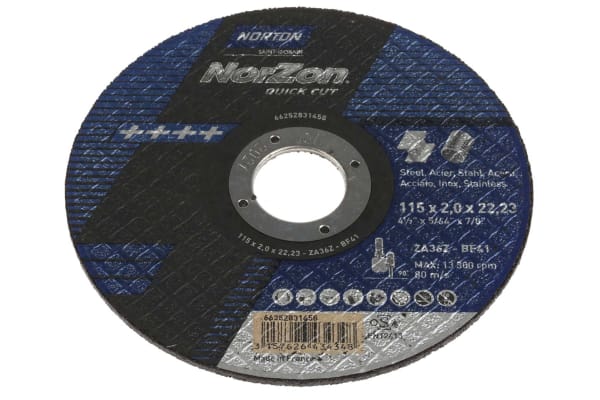 Product image for Norton Cutting Disc Aluminium Oxide Cutting Disc, 115mm x 2mm Thick, P80 Grit, 5 in pack, Norzon