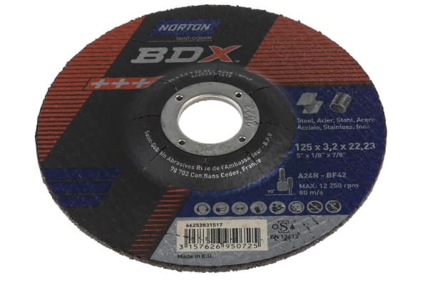 Product image for Norton Cutting Disc Aluminium Oxide Cutting Disc, 125mm x 3.2mm Thick, P60 Grit, 5 in pack, BDX