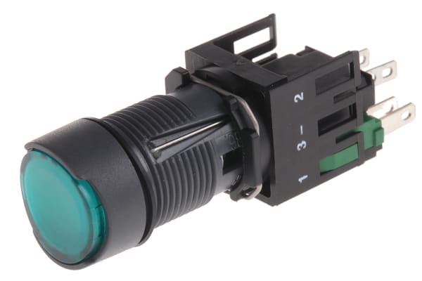 Product image for 12-24V p/but. latching 1 N/O green circ.