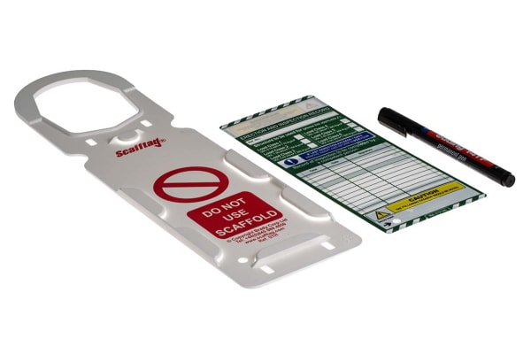 Product image for ScaffTag Scaffolding Tag, White on Green, Kit Contents Holder x 10, Insert x 20, Pen x 2