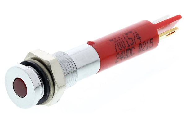 Product image for 6mm flush bright chrome LED, red 24Vdc