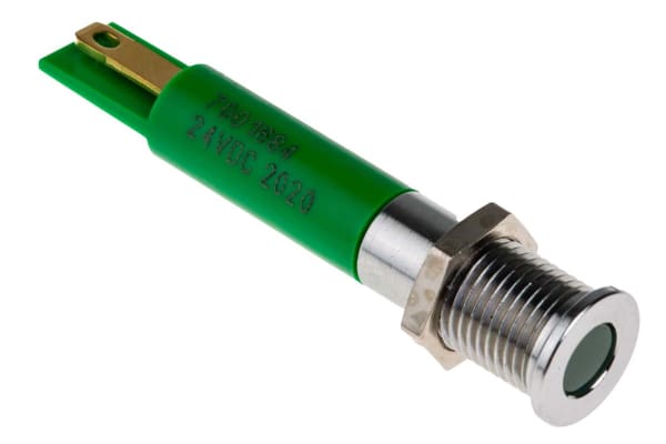Product image for 8mm flush bright chrome LED, green 24Vdc