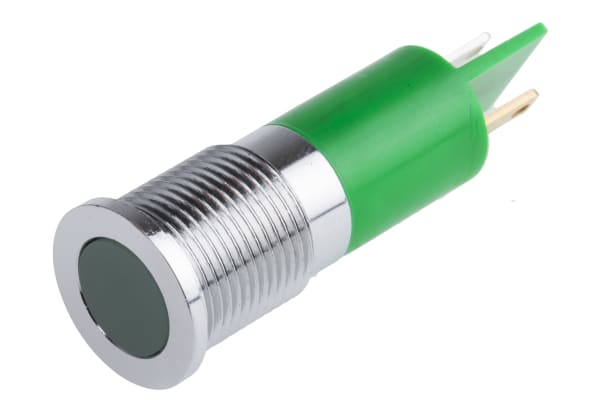 Product image for 14mm flush bright chrome LED,grn 6-36Vdc