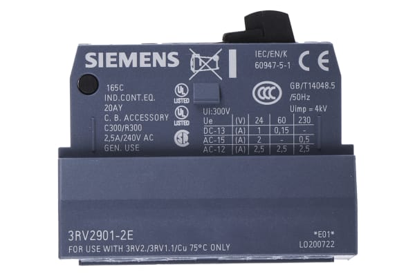 Product image for Siemens Sirius Innovation Auxiliary Contact - 1NO/1NC, 2 Contact, Plug In, 1 A dc, 2.5 A ac