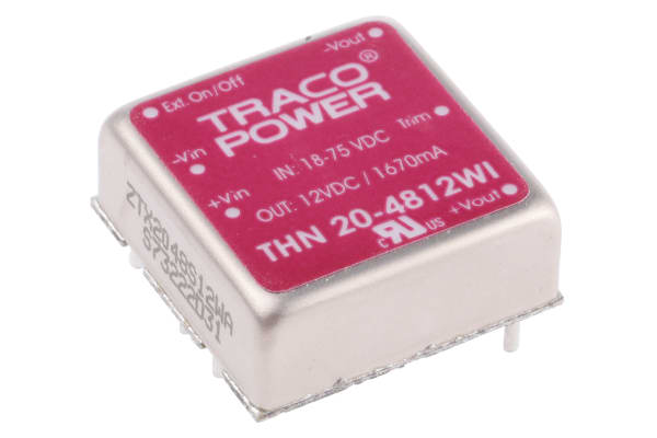 Product image for TRACOPOWER THN 20WI 20W Isolated DC-DC Converter Through Hole, Voltage in 18 → 75 V dc, Voltage out 12V dc