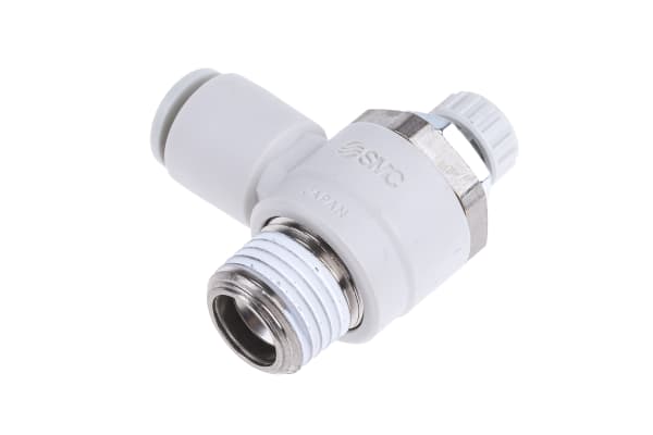 Product image for SMC AS Series Speed Controller, R 1/4 Male Inlet Port x R 1/4 Male Outlet Port x 6mm Tube Outlet Port