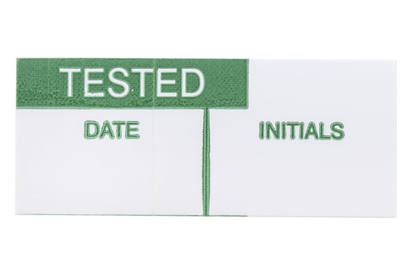 Product image for Green vinyl cloth label 'TESTED',38x15mm