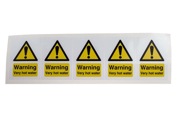 Product image for RS PRO Black/White/Yellow Vinyl Safety Labels, Warning Very Hot Water-Text 70 mm x 50mm