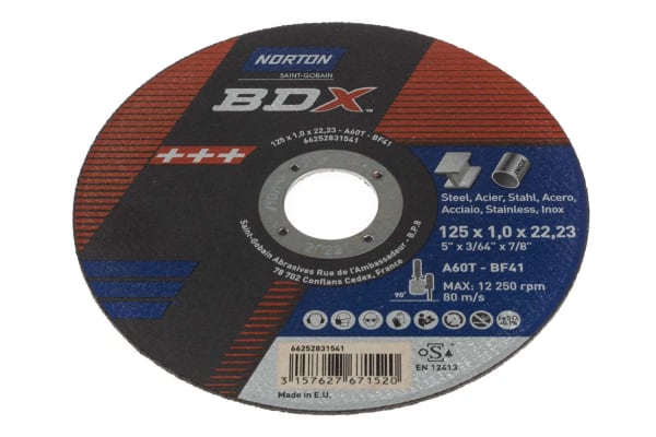 Product image for Norton Cutting Disc Ceramic Cutting Disc, 125mm x 1mm Thick, Medium Grade, P60 Grit, 5 in pack, BDX