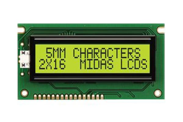 Product image for LCD DISPLAY, 2X16, BACKLIT YELLOW/GREEN