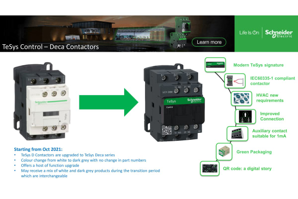 Product image for Schneider Electric TeSys LC1D 3 Pole Contactor - 25 A, 220 V ac Coil, 3NO, 5.5 kW