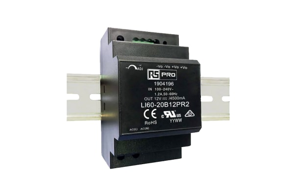 Product image for RS PRO DIN Rail Power Supply 120 → 370 V dc, 85 → 264 V ac Input, 12V Output, 4.5A 54W