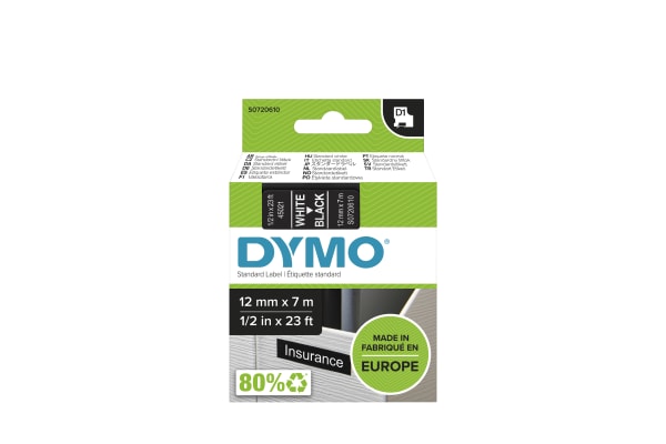 Product image for DYMO D1 WHITE ON BLK LABELLING TAPE,12MM