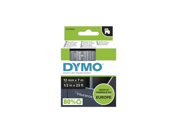 Product image for DYMO D1 WHT ON CLEAR LABELLING TAPE,12MM