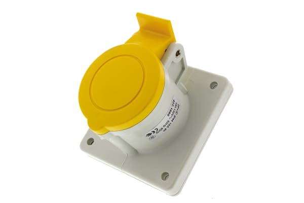 Product image for RS PRO IP44 Yellow Panel Mount 2P+E Industrial Power Socket, Rated At 16.0A, 110.0 V