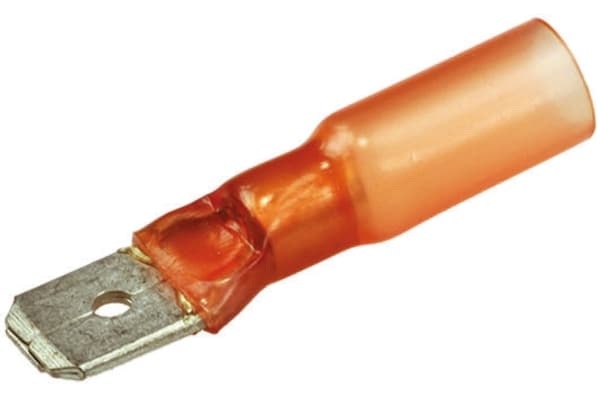 Product image for TE Connectivity, DuraSeal, Red Insulated Crimp Tab Terminal, 0.5mm² to 1mm², 22AWG to 18AWG, 6.35 x 0.8mm, Tin