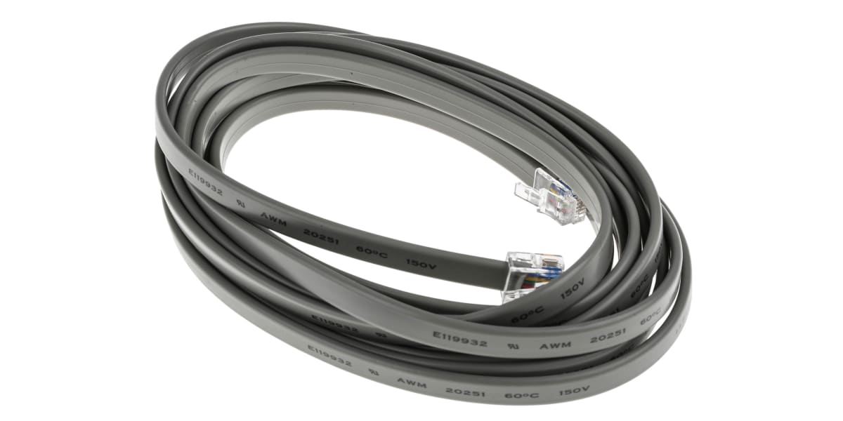 Product image for RS PRO Male RJ12 to Male RJ12 Telephone Extension Cable, Grey Sheath, 3m