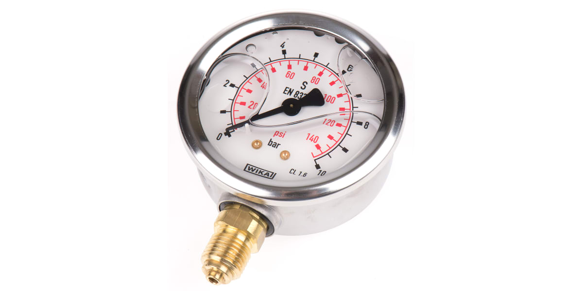 Product image for WIKA 9626829 Analogue Positive Pressure Gauge Bottom Entry 10bar, Connection Size G 1/4