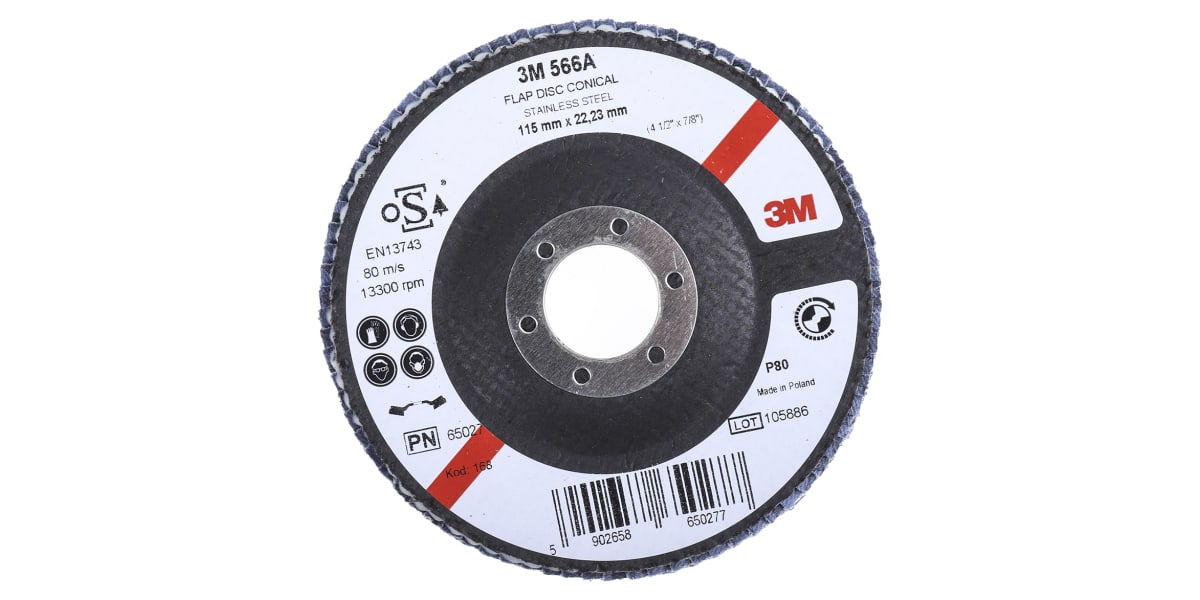 Product image for 3M 566A Zirconia Aluminium Flap Disc, 115mm, Medium Grade, P80 Grit, PN65026