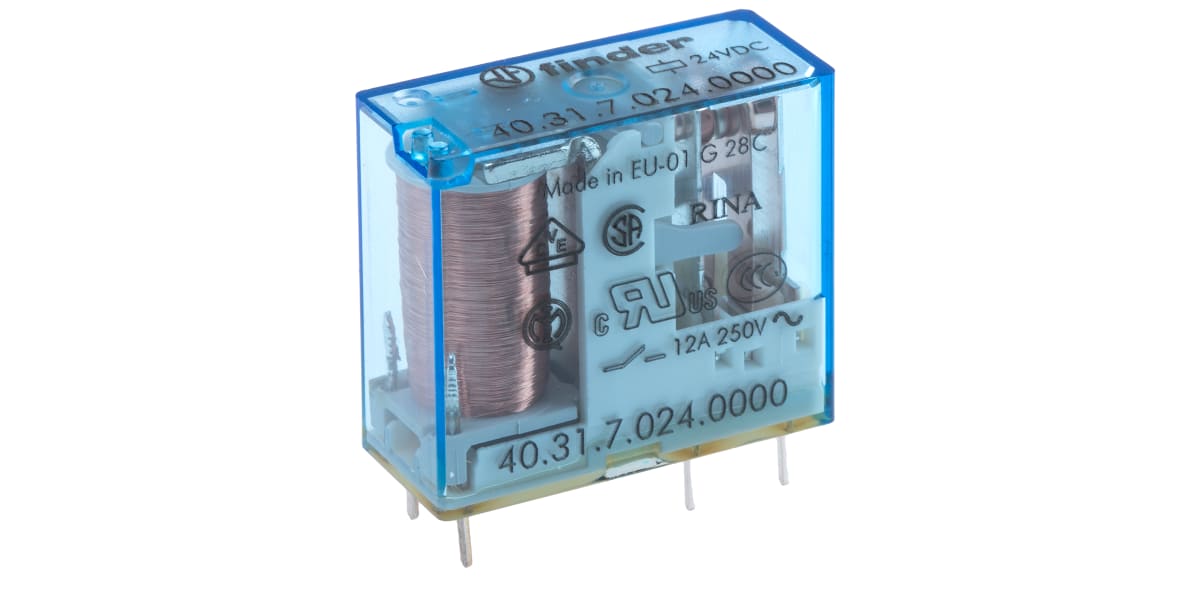 Product image for Finder, 24V dc Coil Non-Latching Relay SPDT, 10A Switching Current PCB Mount Single Pole